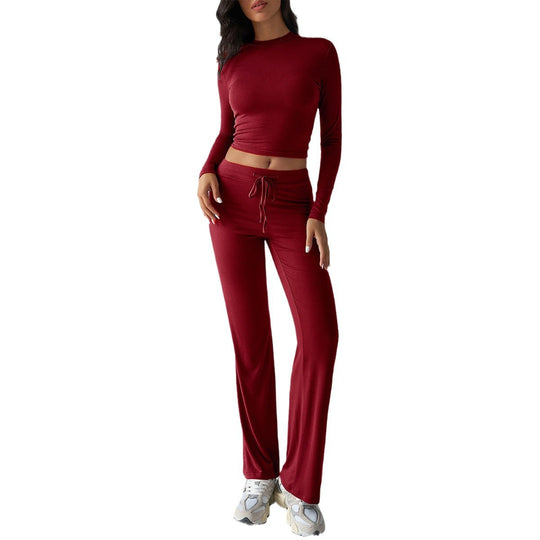 Damen nan tailliertes Longsleeve-Crop-Top und weite Lounge-Hose im Zweiteiler-Set aus Stretchjersey EB