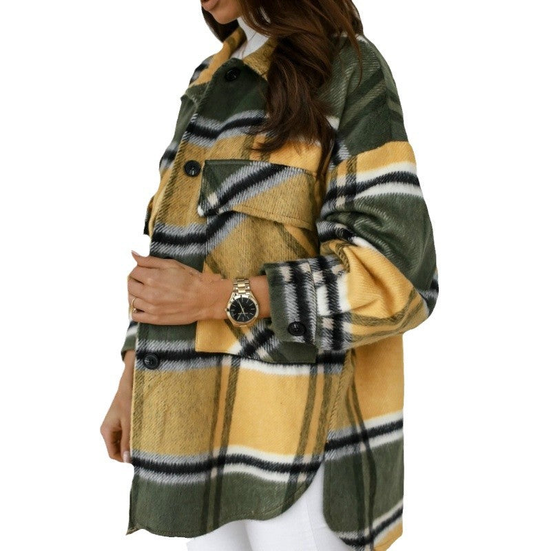 Damen Oversized Flanelljacke mit Karomuster und Taschen EB