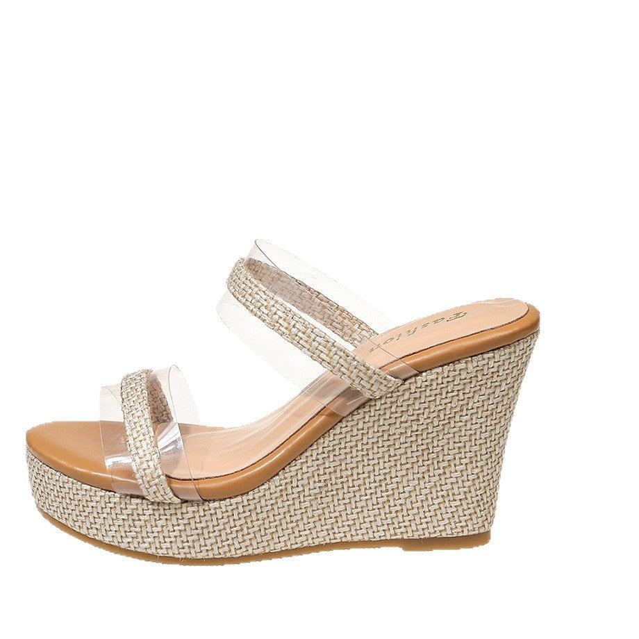 Damen Wedge-Sandalen mit transparenten Riemen und geflochtenem Plateau EB