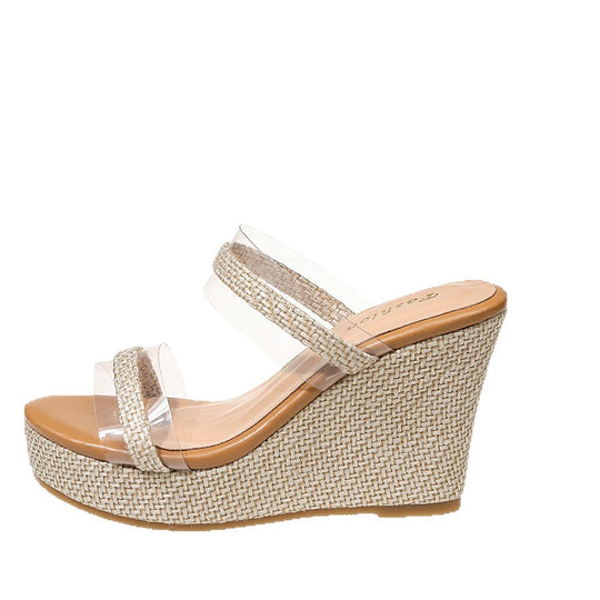 Damen Wedge-Sandalen mit transparenten Riemen und geflochtenem Plateau EB