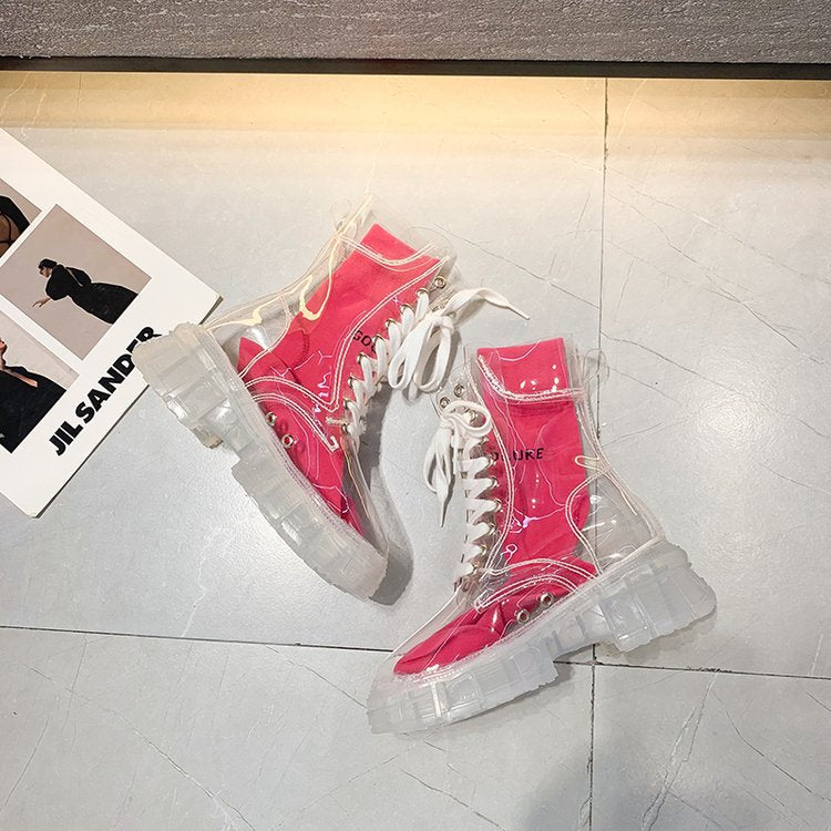 Damen trendige Stiefeletten im transparenten Design mit knalligem Detail EB