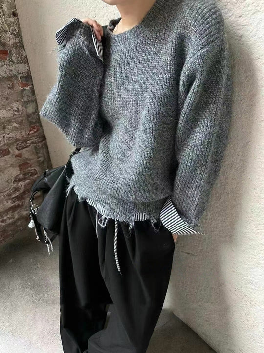 Damen Grob gestrickter Pullover mit einzigartigen Kontrastarmabschlüssen und lässigem Schnitt EB