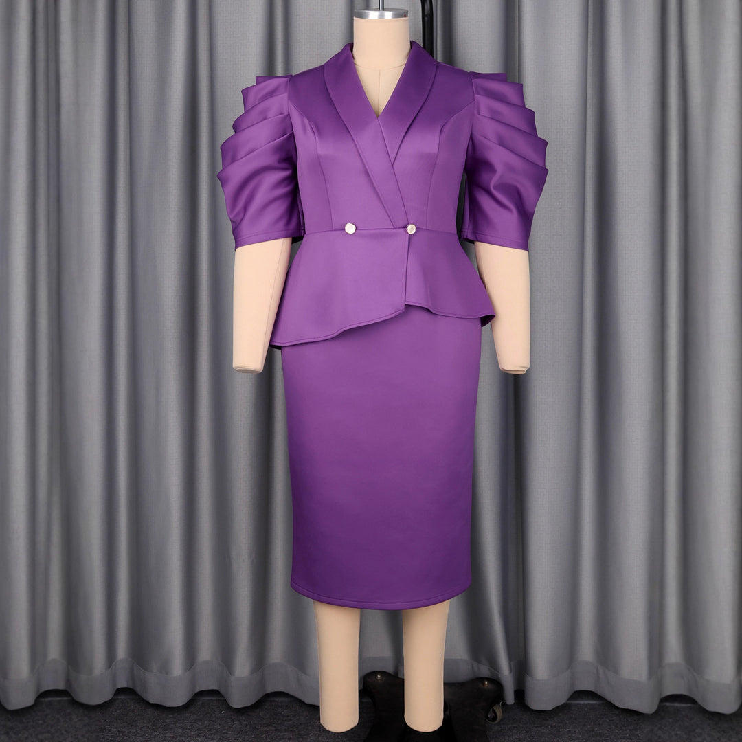 Damen Elegantes Business-Kleid mit stilvollem Wickel-Design und Puffärmeln EB
