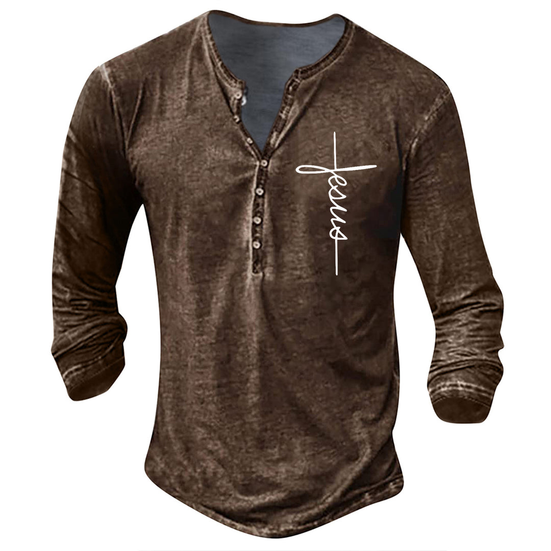 Herren Langarm Henley-Shirt mit kreativem Grafikdruck EB