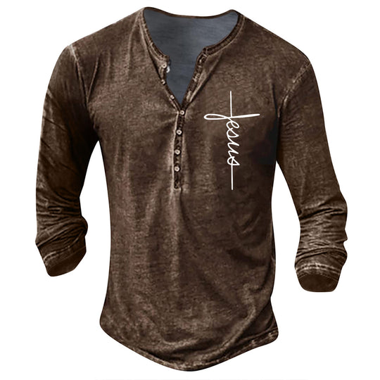 Herren Langarm Henley-Shirt mit kreativem Grafikdruck EB