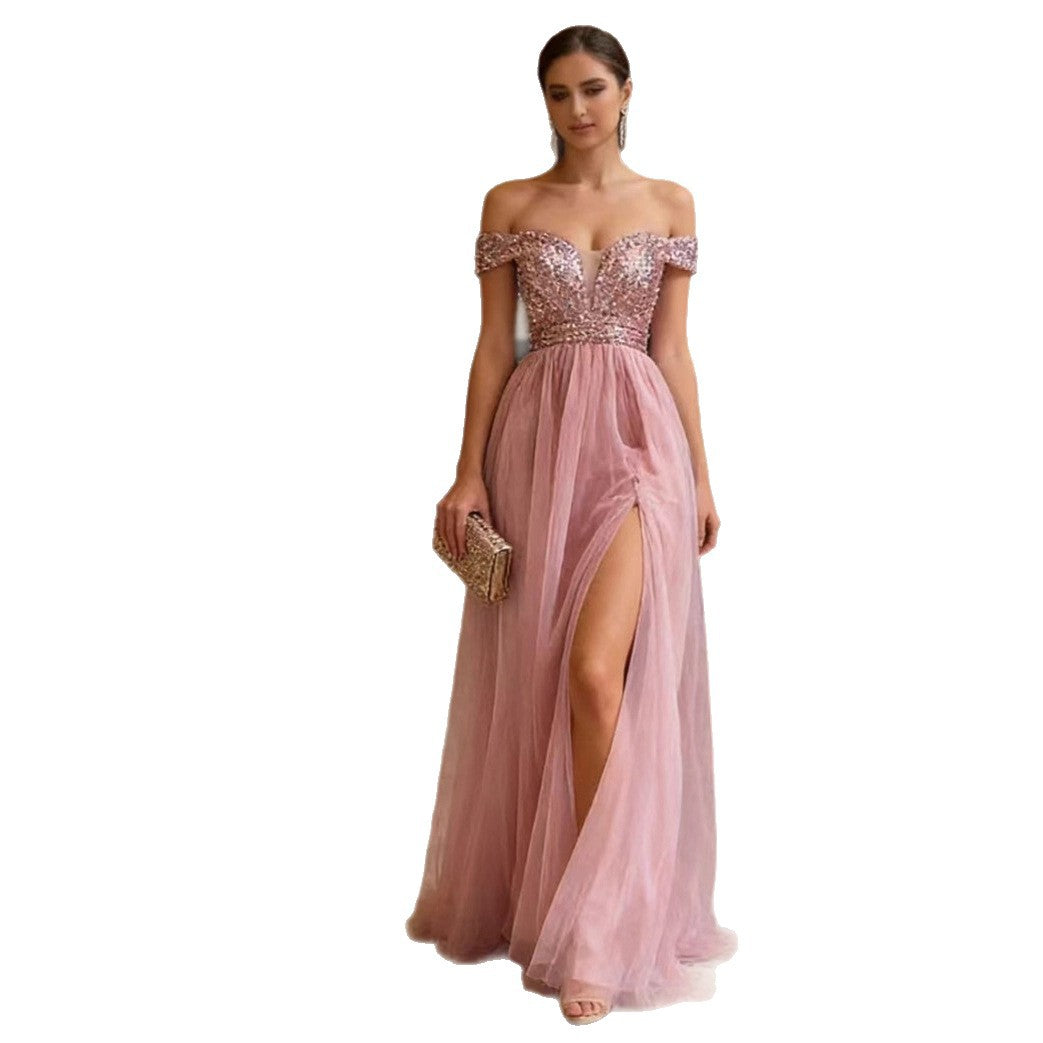 Damen Elegantes Abendkleid mit schulterfreiem Design und funkelnden Applikationen EB