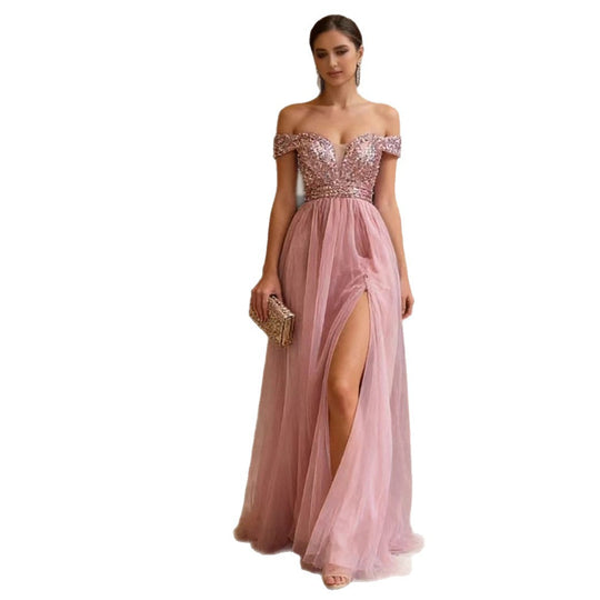 Damen Elegantes Abendkleid mit schulterfreiem Design und funkelnden Applikationen EB
