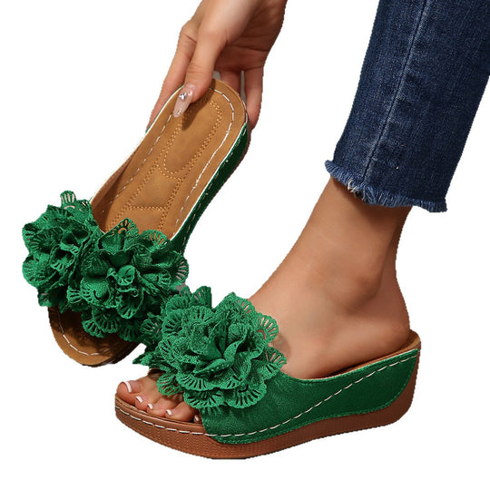 Damen modische Keilabsatz-Pantoletten mit floralen Applikationen EB