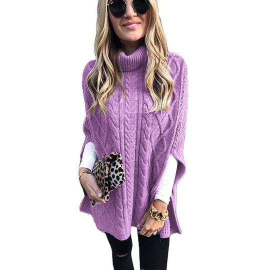 Damen nan kastiger Strickponcho mit hohem Rollkragen, Zopfstruktur und seitlichen Schlitzen EB