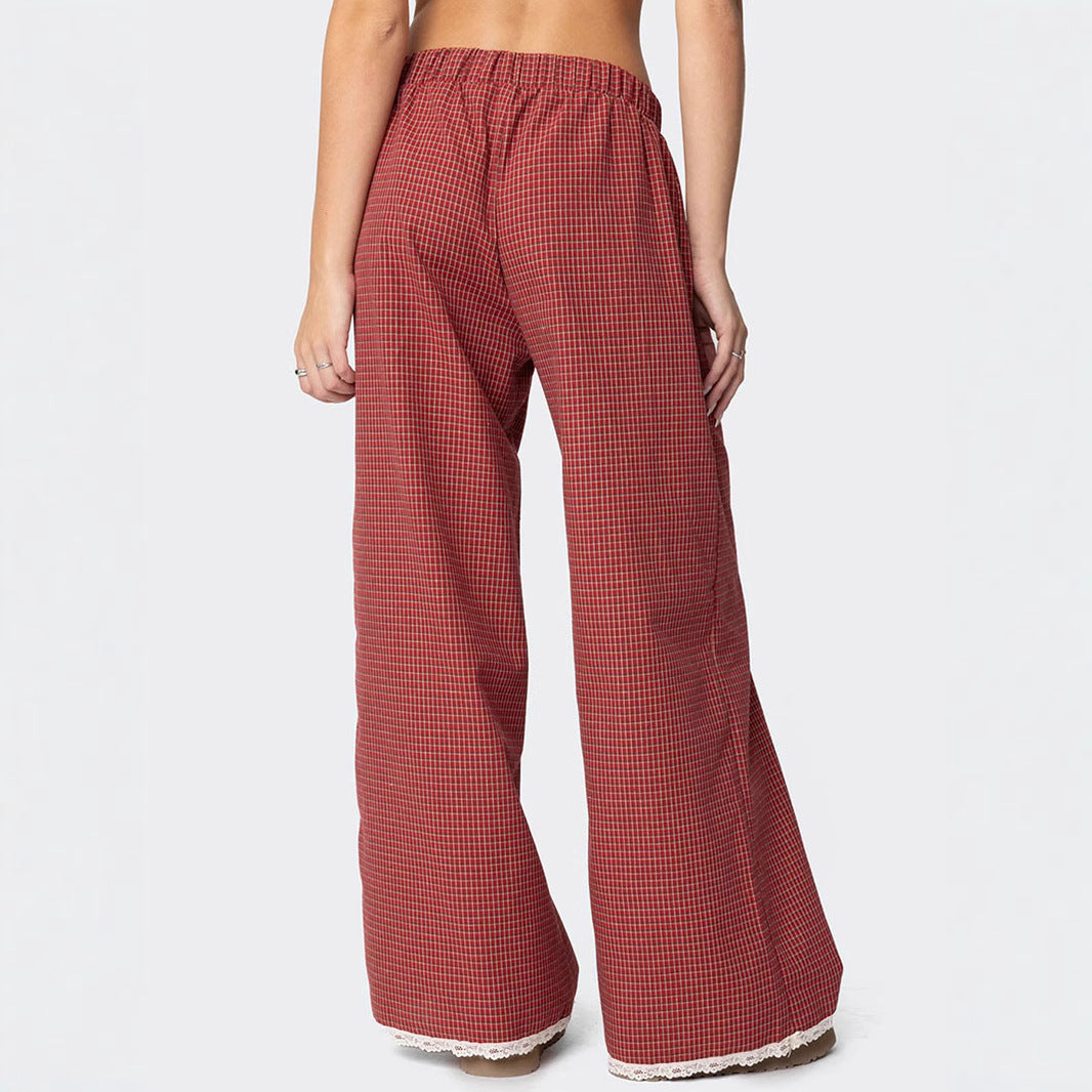 Damen Weit geschnittene Karohose mit Spitzendetails EB