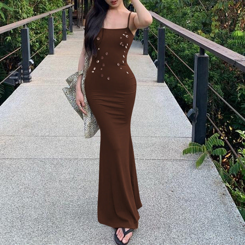 Damen figurbetontes Maxikleid mit schickem Spaghettiträger-Design und elegantem Glitzerakzent EB
