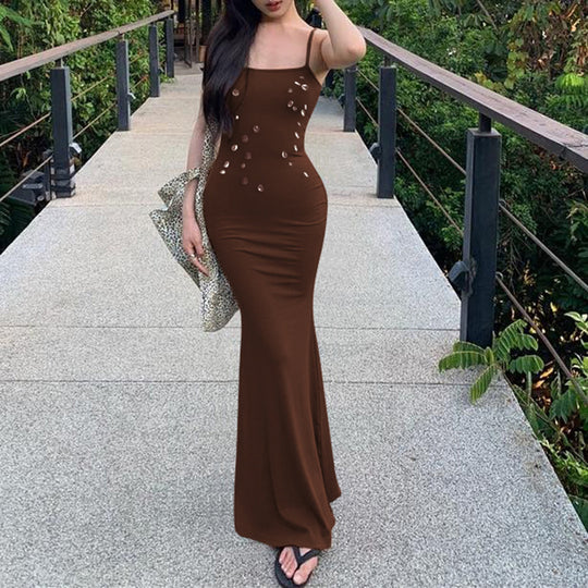 Damen figurbetontes Maxikleid mit schickem Spaghettiträger-Design und elegantem Glitzerakzent EB