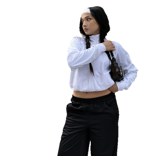 Damen Cropped-Trainingsjacke und hochtaillierte Jogginghose Set aus funktionalem Polyester EB