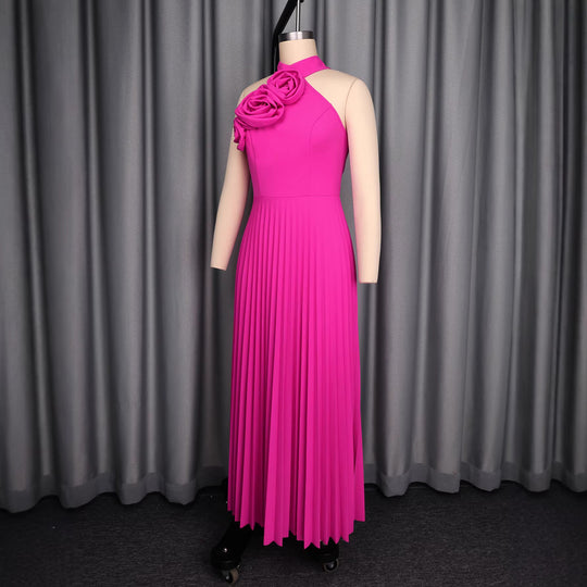 Damen Elegantes Plissiertes Maxikleid mit dekorativen Rosen EB