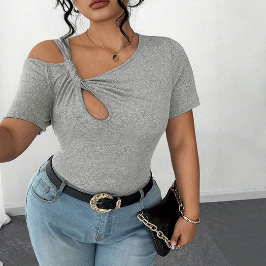 Damen Figurbetontes Kurzarm-Body mit asymmetrischem Ausschnitt und Knotendetail EB
