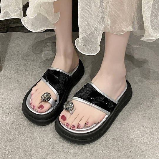Damen trendige Flip-Flops mit floralem Dekor und funkelndem Schmuckdetail EB