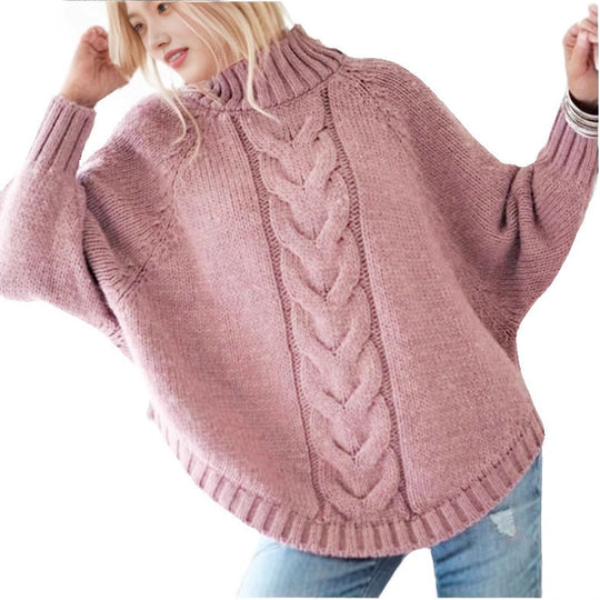 Damen Grobstrick Pullover mit hohem Kragen und dekorativem Zopfmuster EB