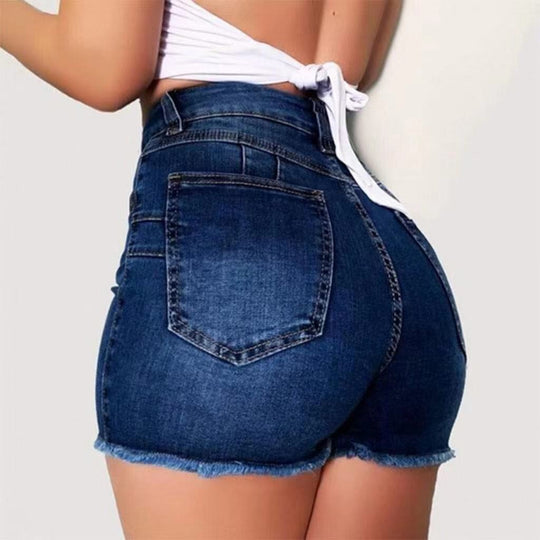 Damen Jeans-Shorts mit hohem Bund und ausgefranstem Saum EB