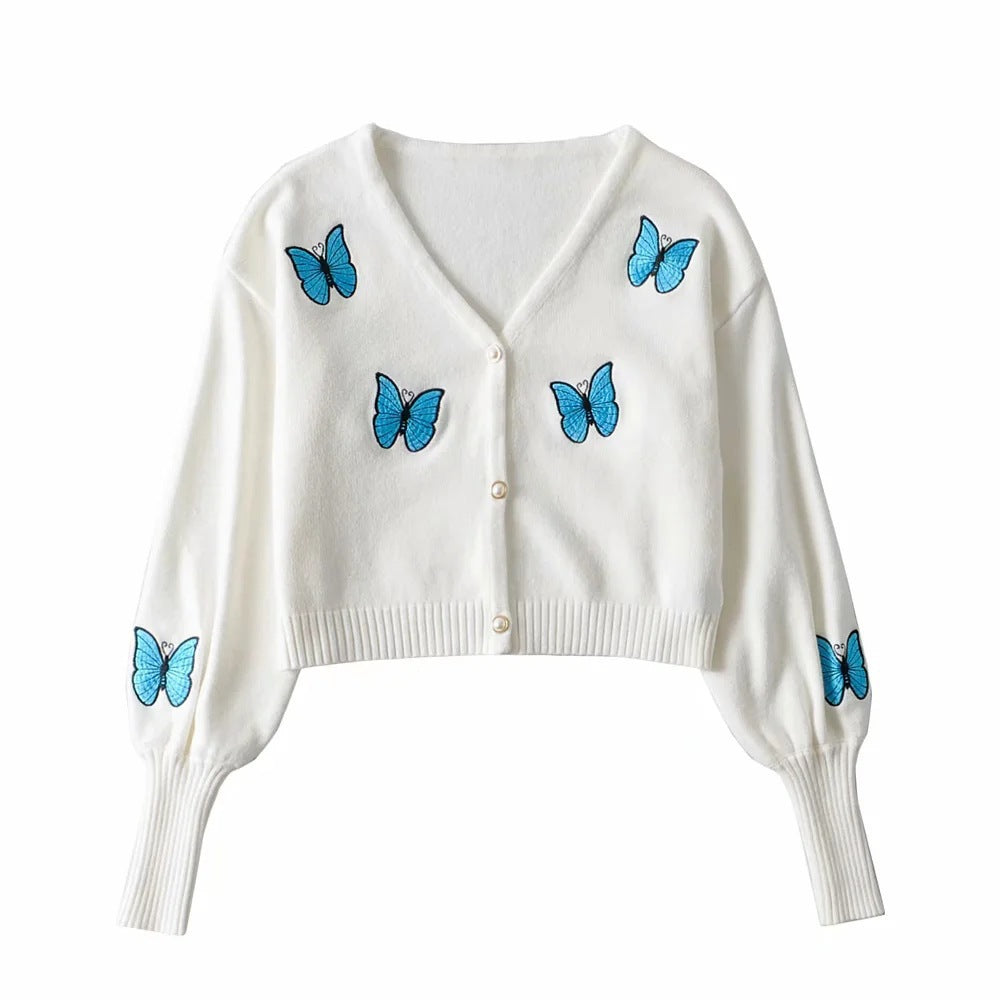 Damen Kurze Strickjacke mit floralem Stickdesign EB