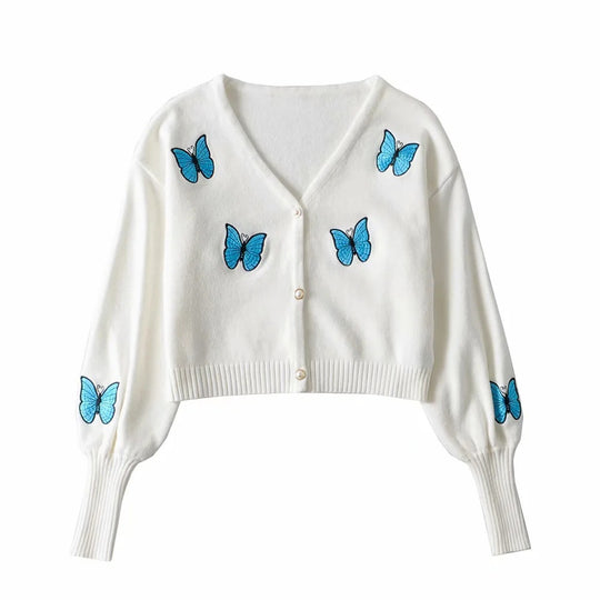 Damen Kurze Strickjacke mit floralem Stickdesign EB