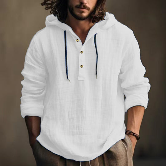 Herren nan leichtes Kapuzen-Henley Leinenhemd mit Knopfleiste und Kordelzug EB