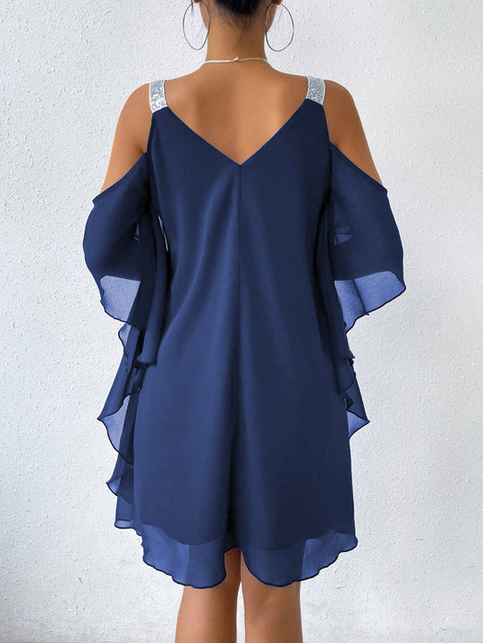 Damen schulterfreies Flatterkleid mit glitzernden Trägern EB