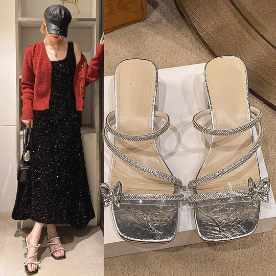 Damen glamouröse Sandalen mit funkelndem Riemen und transparentem Blockabsatz EB