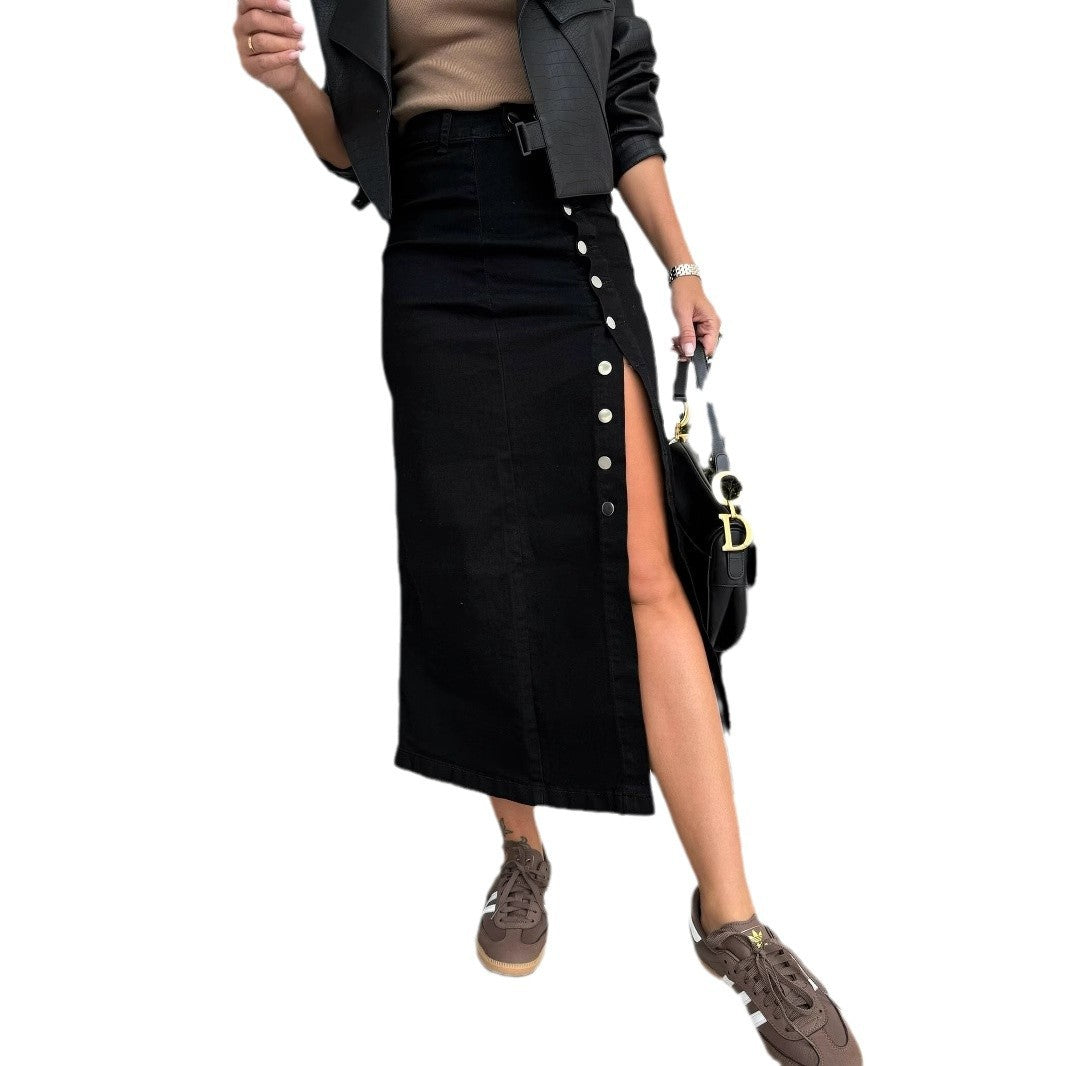 Damen Langer Jeansrock mit seitlichem Schlitz und Knopfdetails EB
