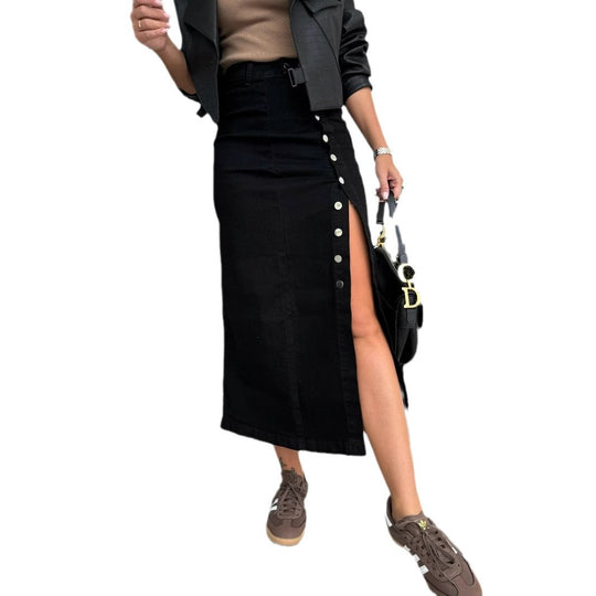 Damen Langer Jeansrock mit seitlichem Schlitz und Knopfdetails EB