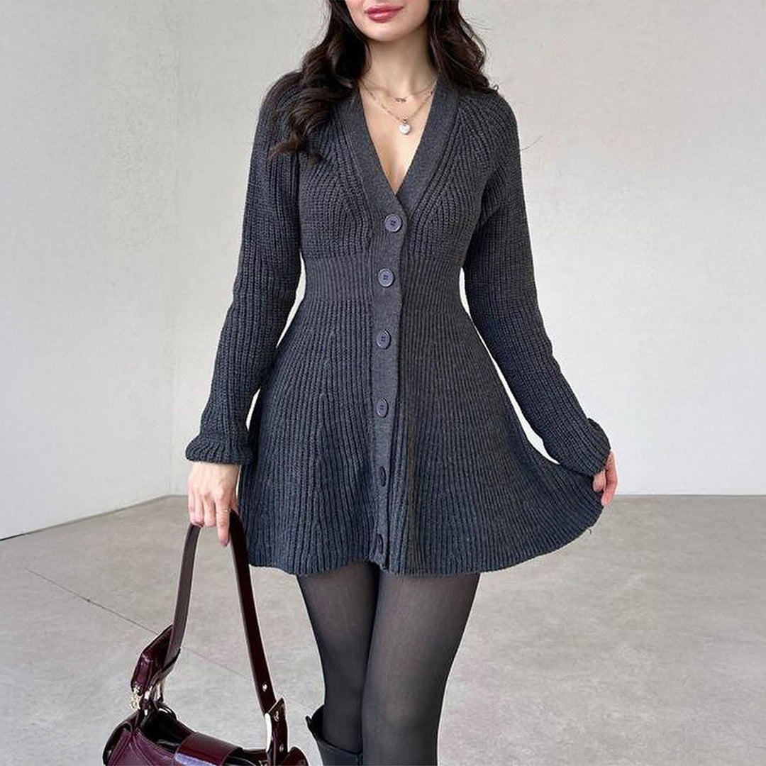 Damen nan tailliertes Strickkleid mit durchgehender Knopfleiste, V‑Ausschnitt und ausgestelltem A‑Linien‑Rock EB