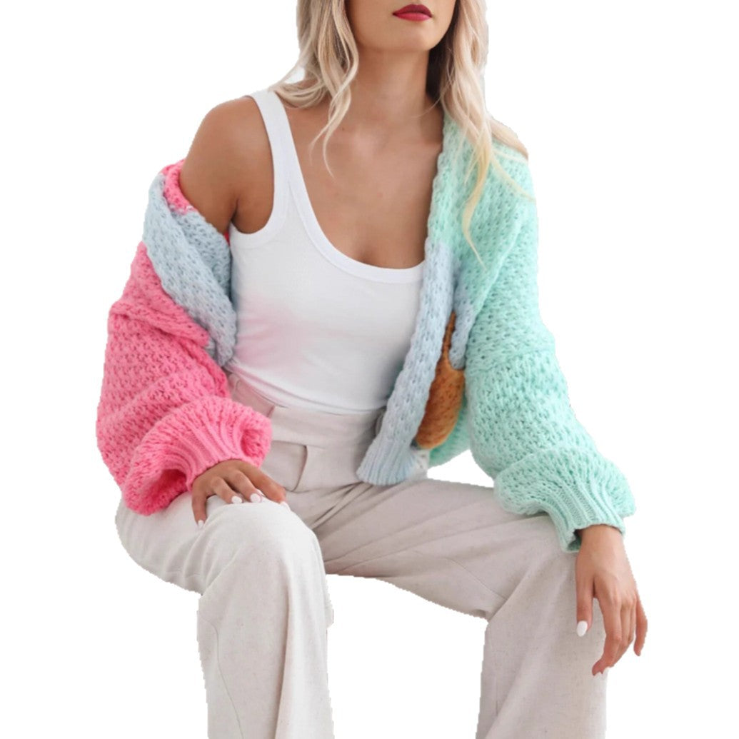 Damen kuschelige Strickjacke mit oversized Ärmeln und Farbkombination EB