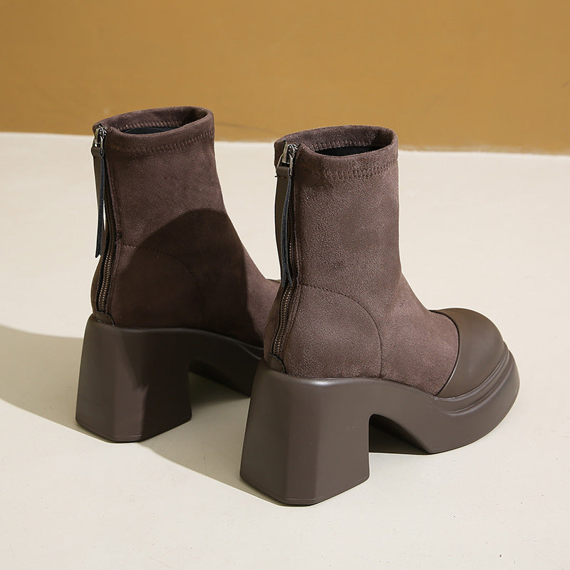 Damen Hochfront Stiefeletten mit modischem Blockabsatz und elastischem Material EB
