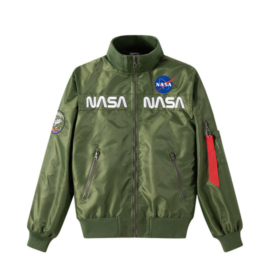 Men's  retro space-logo nylon zip bomber with angled zip pockets and utility sleeve tab EB