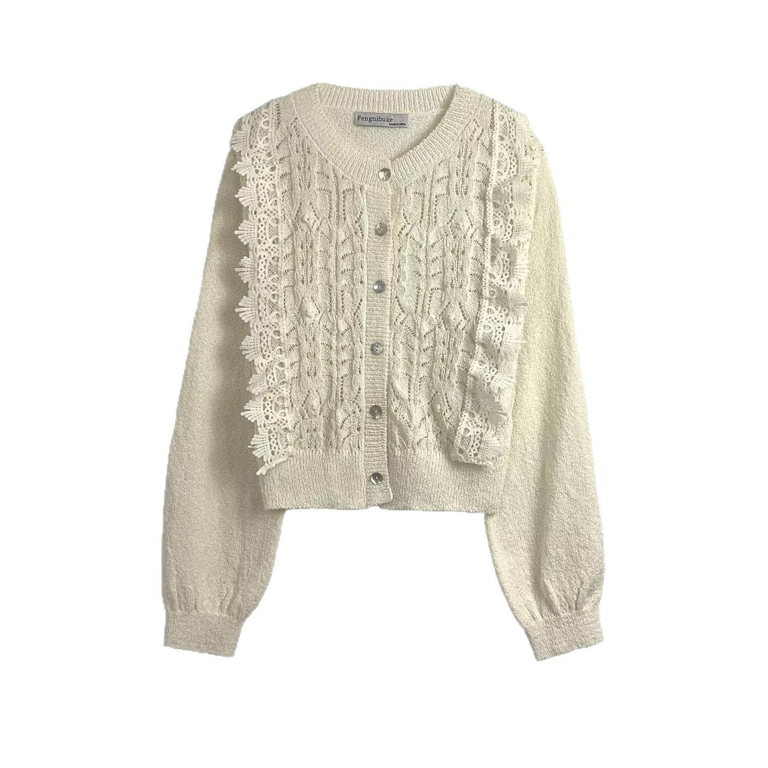 Damen Strickjacke mit filigranen Häkelakzenten und Knopfleiste EB