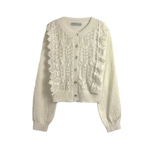 Damen Strickjacke mit filigranen Häkelakzenten und Knopfleiste EB