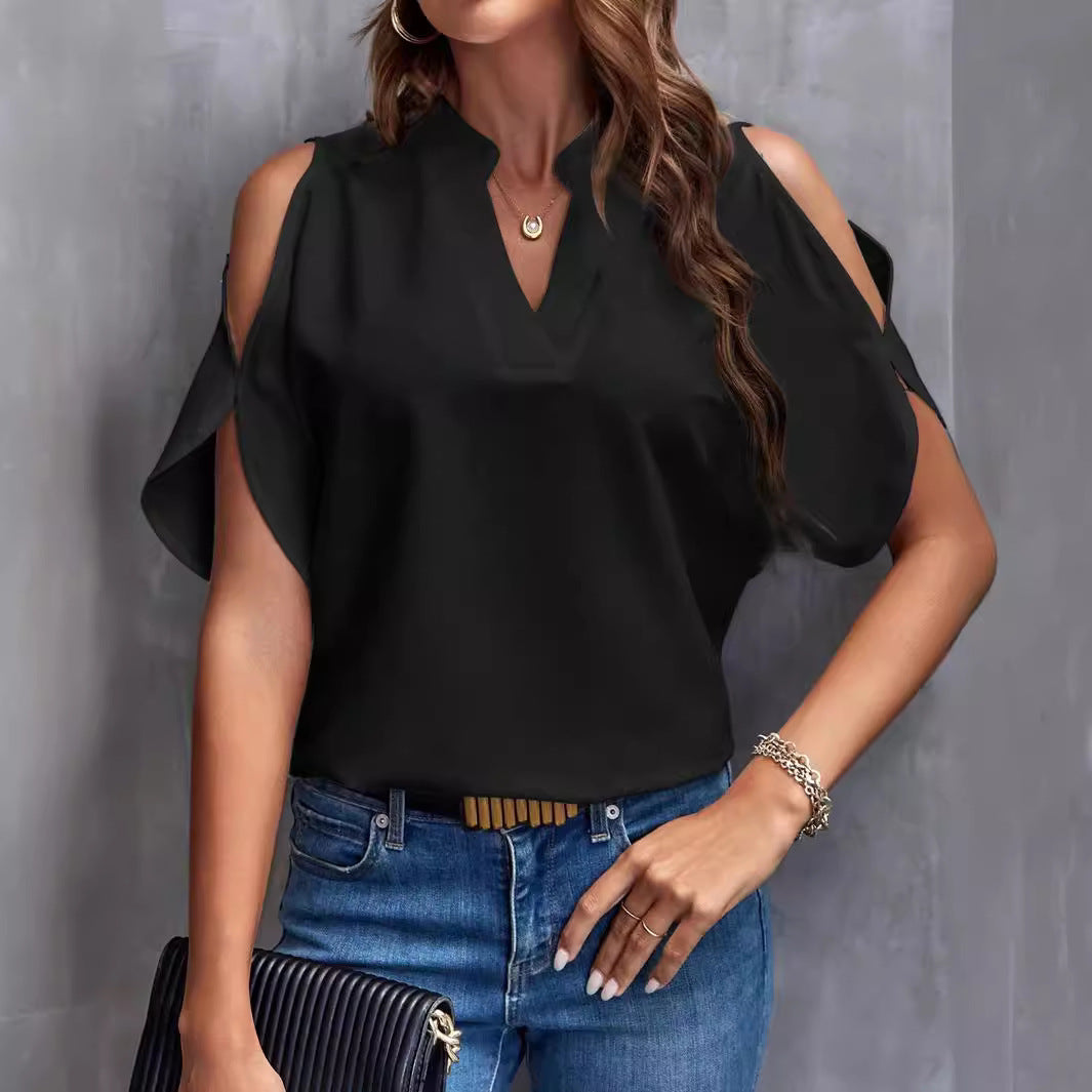 Damen Elegante Bluse mit offenen Schultern und Stehkragen EB