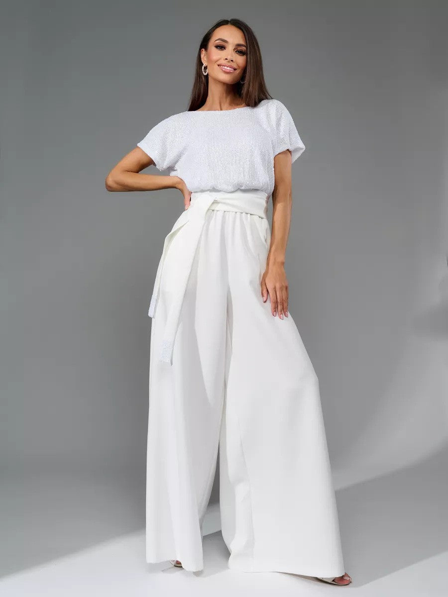 Damen Glitzernder Jumpsuit mit weitem Bein und Taillengürtel EB