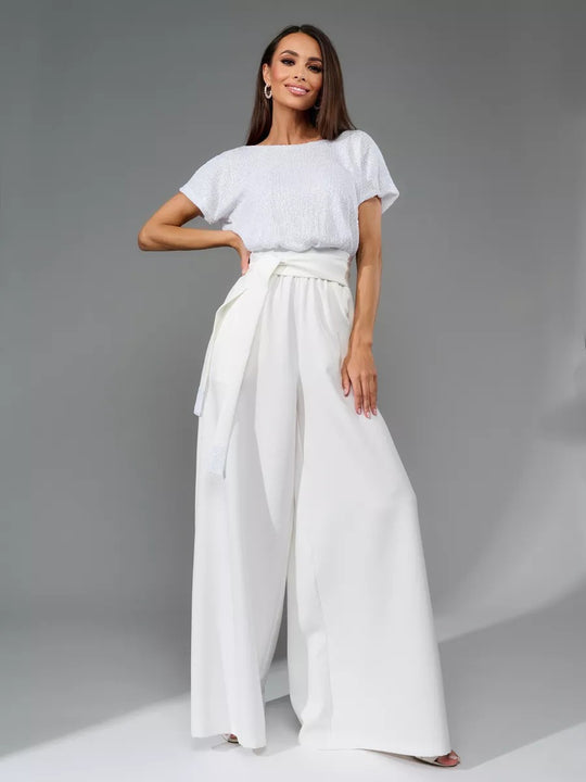 Damen Glitzernder Jumpsuit mit weitem Bein und Taillengürtel EB