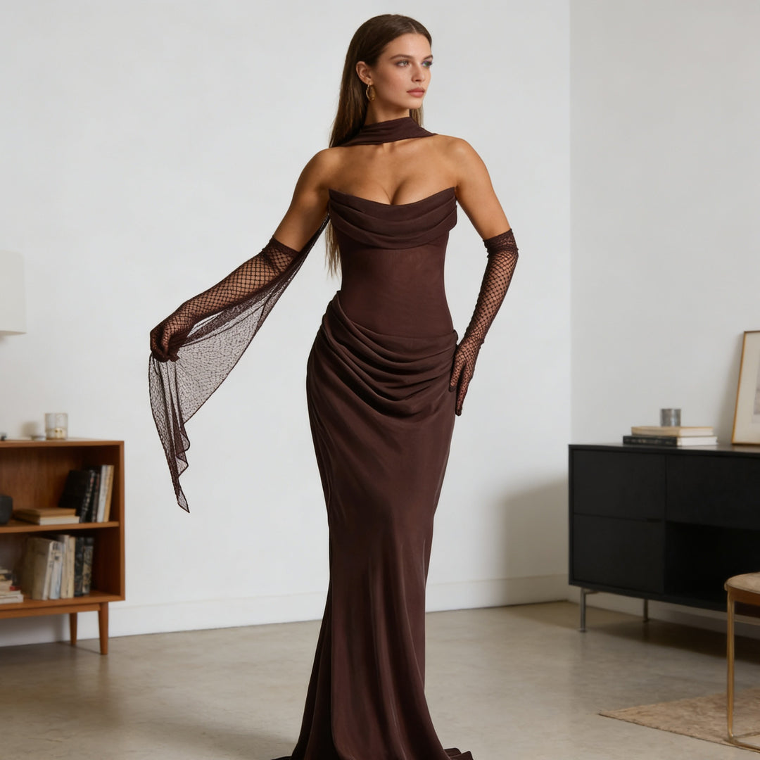 Damen Elegantes schulterfreies Maxikleid mit verführerischem Rüschendetail EB