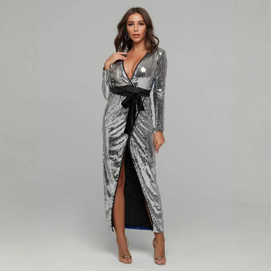Damen Glamouröses Abendkleid mit tiefem V-Ausschnitt und seitlichem Schlitz EB