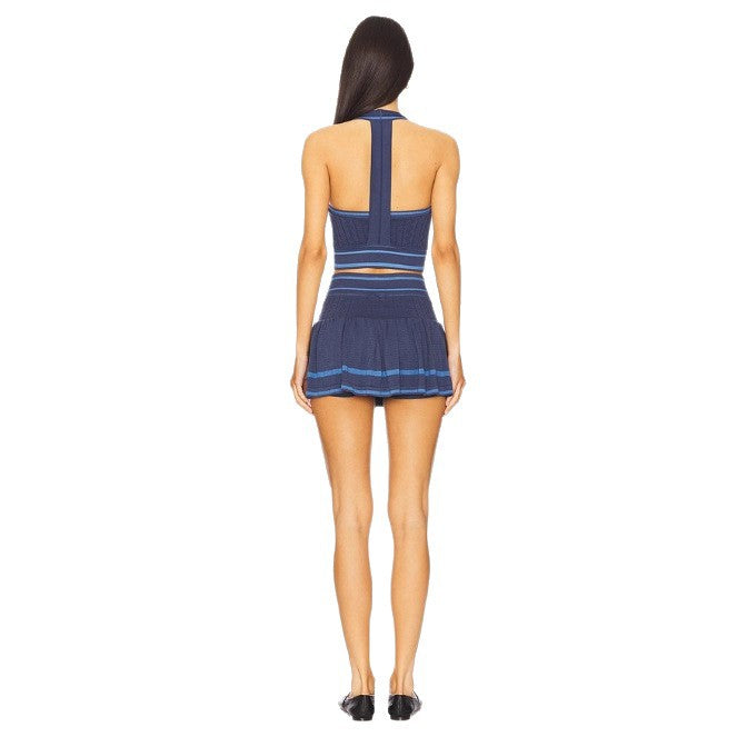 Damen nan gestricktes Sportset mit Neckholder-Croptop und ausgestelltem Faltenminirock EB