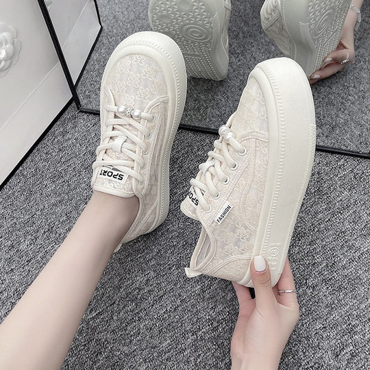 Damen modische Sneaker mit trendiger Perlenschnürung und robuster Gummisohle EB