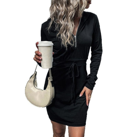 Damen Kapuzenkleid mit Reißverschluss und Taillenzug EB