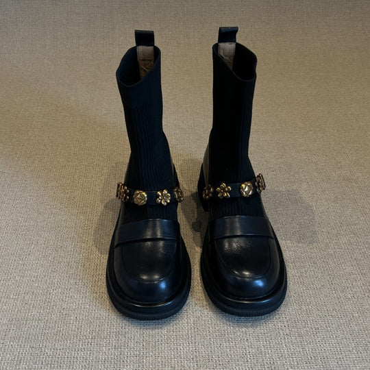 Damen Elegante Ankle Boots mit modischem Strickschaft und dekorativen Schnallen EB