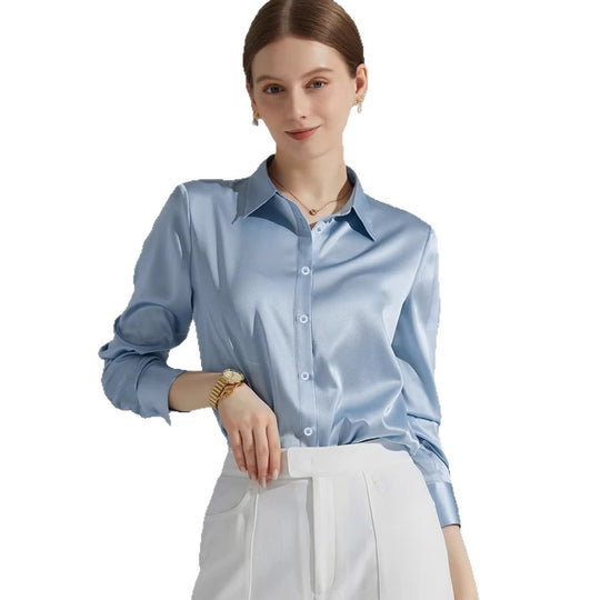 Damen Luxus Satin-Bluse mit elegantem Kragen und weichen Ärmeln EB
