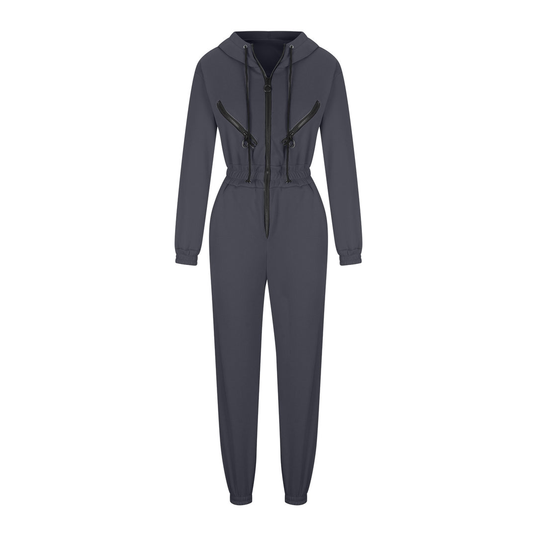 Damen taillierter Kapuzen-Jumpsuit mit elastischem Bund und markanten Kontrast-Reißverschlüssen EB