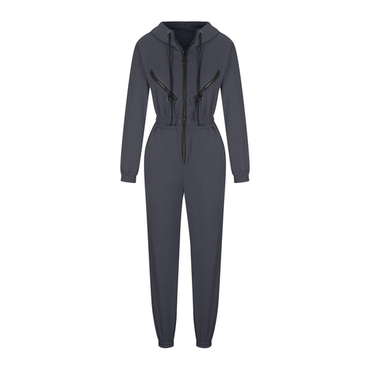 Damen taillierter Kapuzen-Jumpsuit mit elastischem Bund und markanten Kontrast-Reißverschlüssen EB