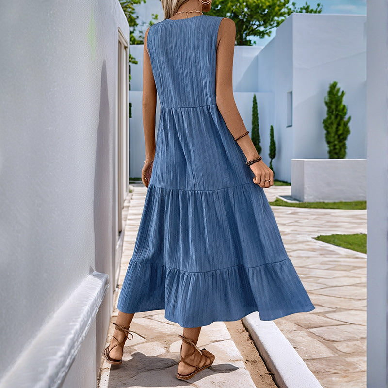 Damen Midikleid mit Knopfleiste und voluminösen Rüschendetails EB