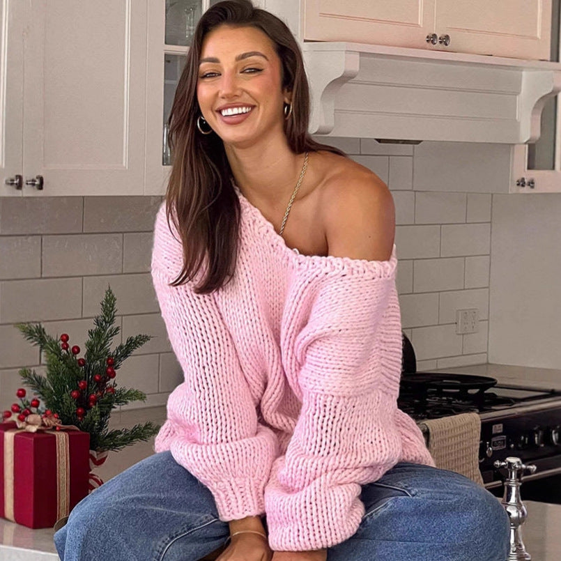Damen oversized Strickpullover mit offenen Schultern und voluminösen Ärmeln EB