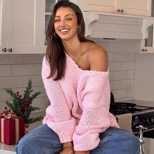 Damen oversized Strickpullover mit offenen Schultern und voluminösen Ärmeln EB
